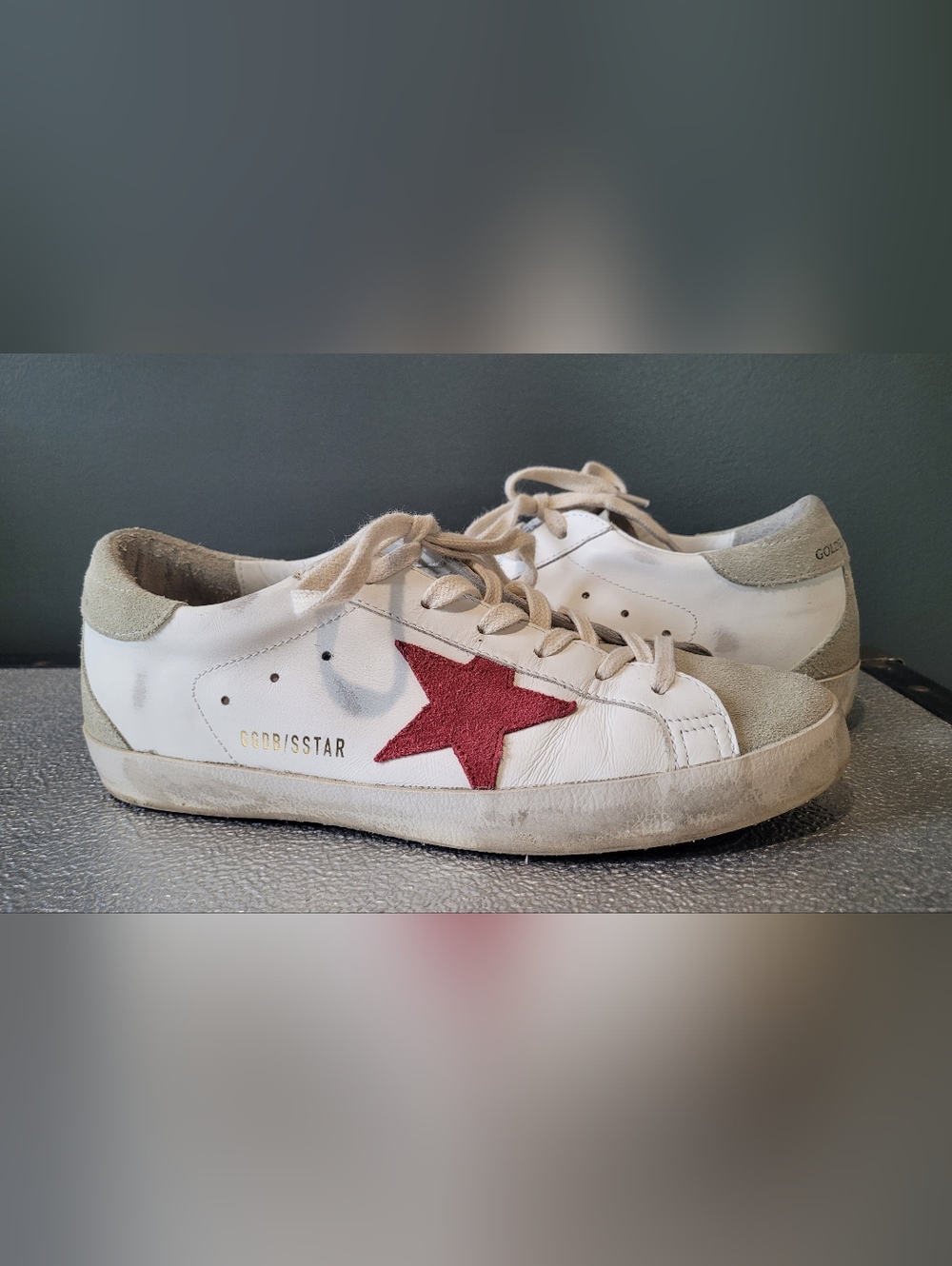 Golden Goose white sneakers with red star and Gray Suede Accents